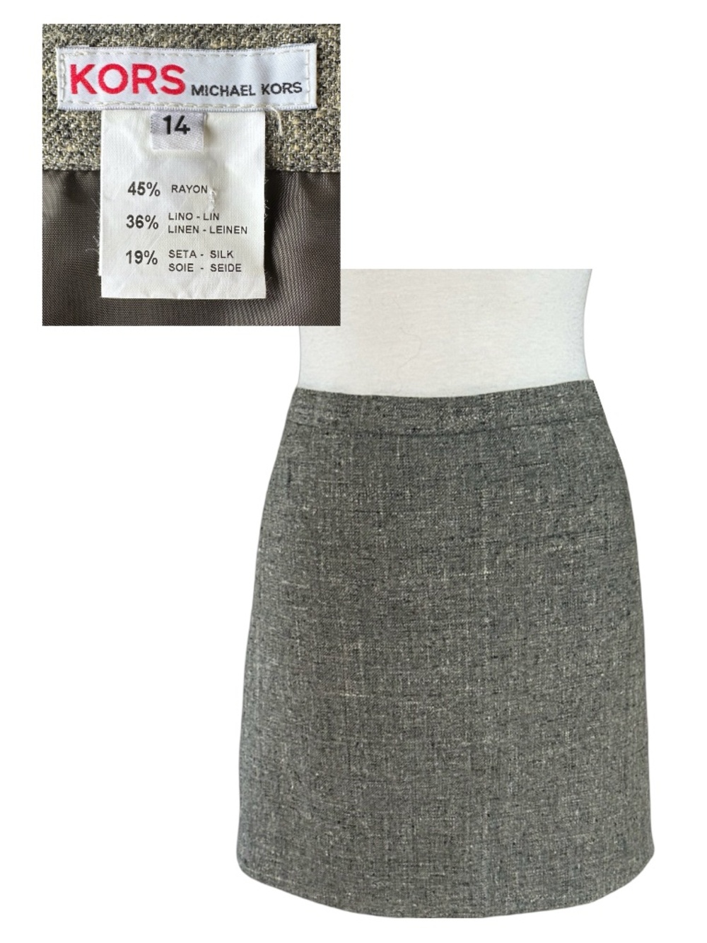 KORS Michael Kors Gray Linen Blend A-Line Mini Skirt Size 14 Made In Italy